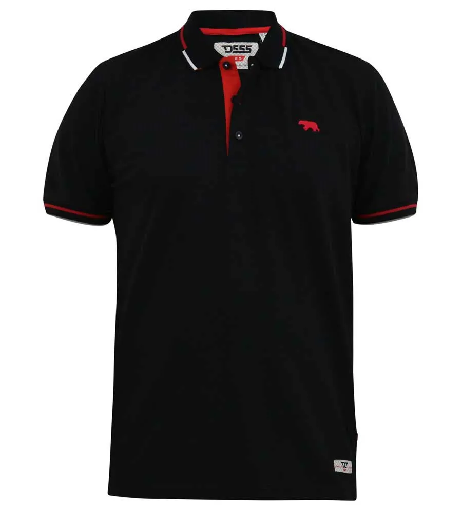 Salford 2 D555 Mens Black Pique Polo Shirt with Cuff and Collar Tipping Detail